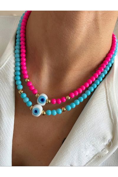 AychaAksesuar Blue Evil Eye Bead Blue Necklace