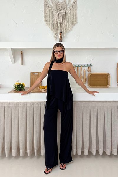MOZENA Strapless Asymmetrical Blouse Pants Set with Neck Scarf Detail