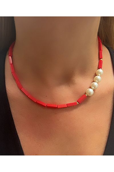 Kutcha Accessories Varisit Natural Stone and Pearl Detailed Handmade Necklace – Red / Turquoise / Purple