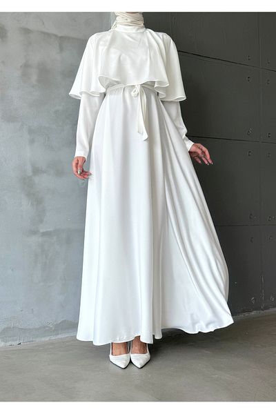 Aranlı tekstil Satin Fabric Cape Detail Tettured Dress/Evening Dress