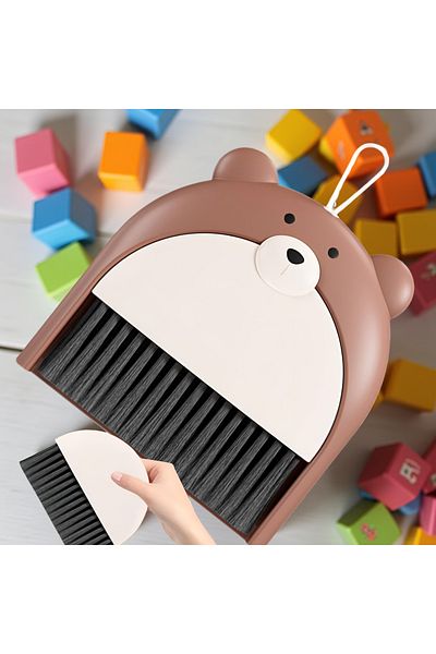 Tim Broom and Dustpan Set, Timacon, For Office and Home, Bear Pattern, 23.5 x 18 cm, Brown
