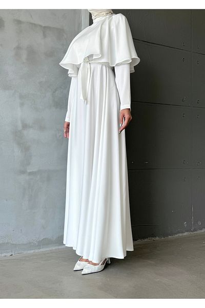 hacer ayaydın Satin Fabric Cape Detail Tettured Dress/Evening Dress