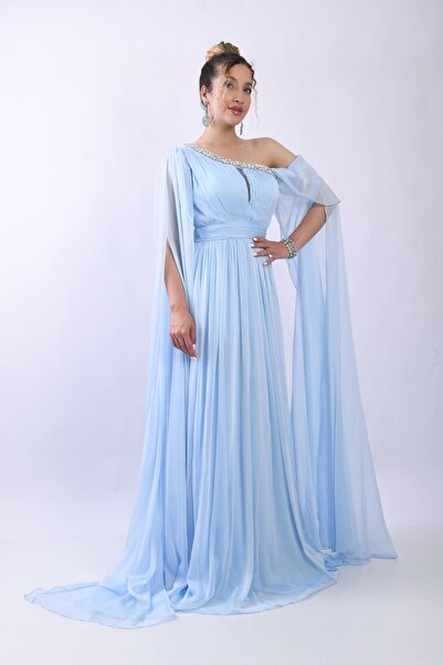 Elysion Collection KADIN ABİYE ŞİFON PELERİN KOL TAŞLI ASİMETRİK YAKA ŞIK ELBİSE