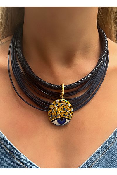 Kutcha Accessories Navy Blue Multi-Lanyard Evil Eye Detailed Handmade Necklace