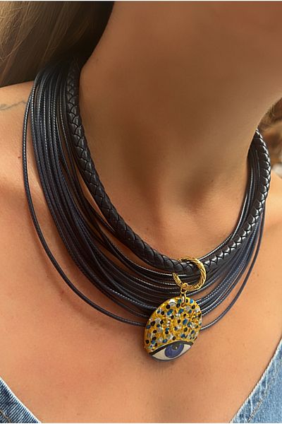 Kutcha Accessories Navy Blue Multi-Lanyard Evil Eye Detailed Handmade Necklace