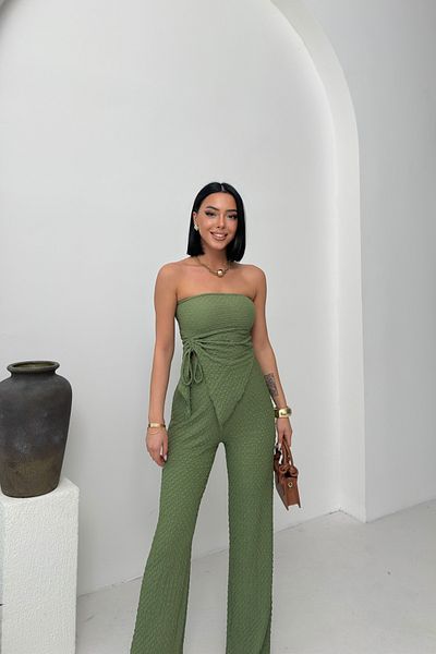 MOZENA Seersucker Strapless Asymmetrical Blouse and Pants Two-Piece Set