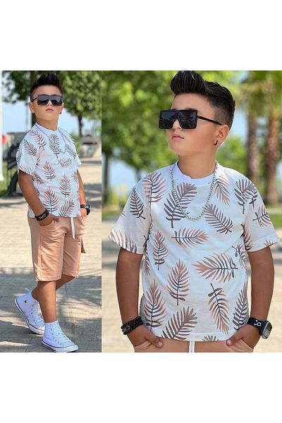 Modaayaz Crew Neck Leaf Patterned Boy's Brown Bottom-Top Set