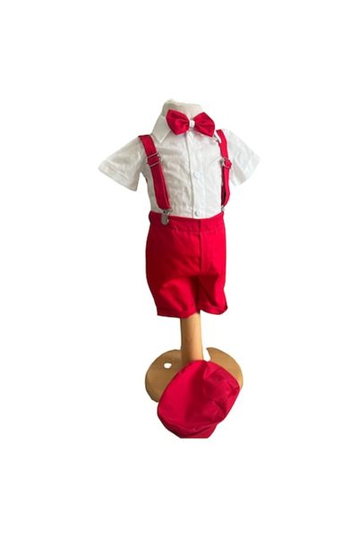 OEM Elegant summer suit for boys, 5-piece set: body shirt, pants, suspenders, bow tie, and beret, 6-9 mo