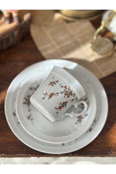 Bavaria Eshenbach Bavaria Stamped Minimal Soft Floral German Porcelain Trio Double Coffee Tea Cup 3 Pieces