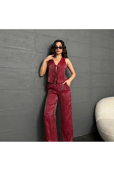 Bak'ap Premium Trend Shiny Leopard Patterned Vest with Lacing Detail - Wide Leg Trousers 2-Piece Set