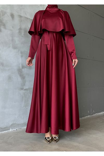 Aranlı tekstil Satin Fabric Cape Detail Tettured Dress/Evening Dress