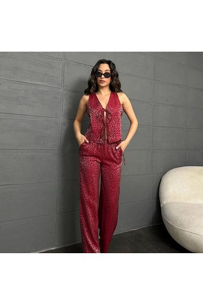 Bak'ap Premium Trend Shiny Leopard Patterned Vest with Lacing Detail - Wide Leg Trousers 2-Piece Set