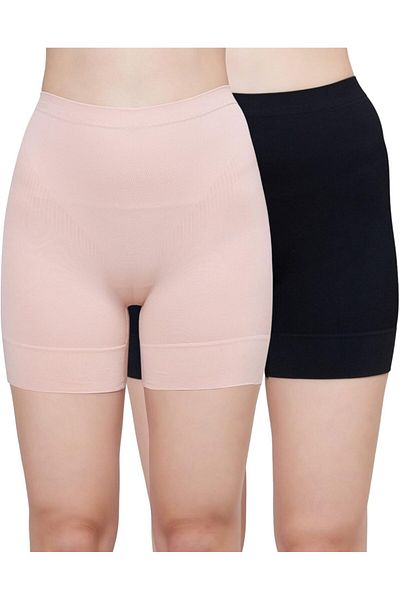Glamroot Seamless High Waist Tummy Control Shapewear Boyshort Panty, Size M-XXL, Black/Beige (Pack Of 2)