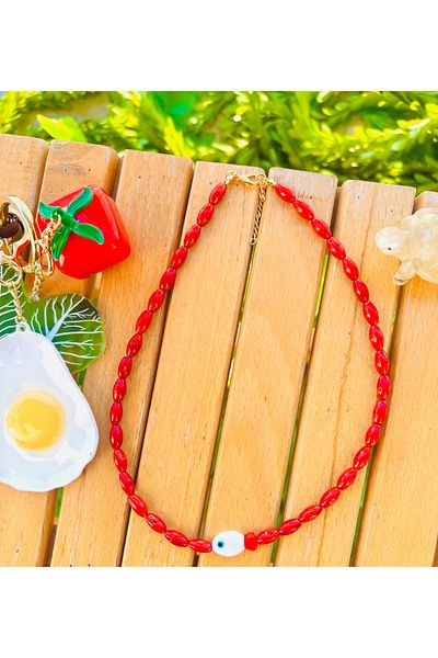 Markiz Takı Red Coral White Murano Glass Fish Necklace