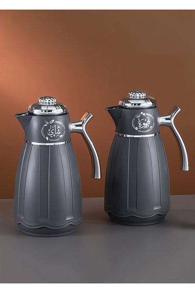 DVINA 2-piece set of vacuum tea and coffee thermos, 1 liter, silver, multi-colored
