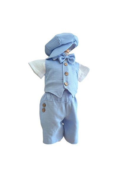 OEM Costum elegant de băieți, set 5 piese: cămașă, pantaloni, vestă, beretă, papion, 2-4 luni, albastru deschis