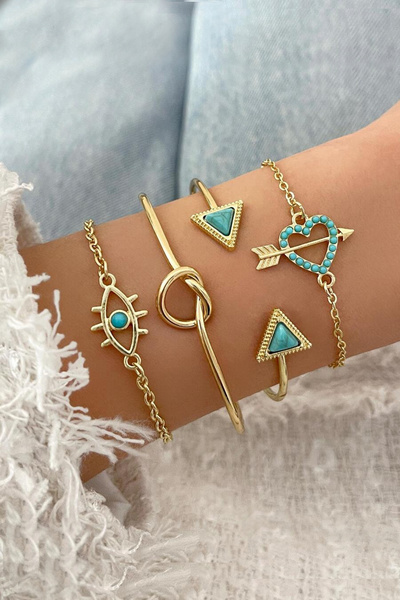 H&E DESIGN Kadın 4'li Gold&Turkuaz Zirkon Taşlı Premium Bileklik Seti