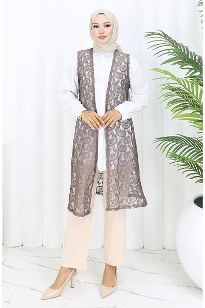 sefamerve Shawl Pattern Lace Long Vest 8759-01 Milky Coffee