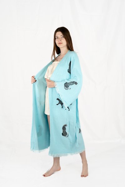 Befera Design Muslin Kimono 100% Cotton Leopard Printed Patterned Bathrobe Kaftan Dressing Gown Light Blue