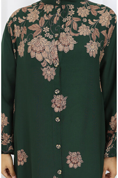 sefamerve Boydan Düğmeli Viskon Elbise 2096-02 Zümrüt Yeşili