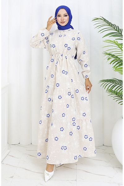 sefamerve Λινό φόρεμα με μισό κουμπί 2097-05 Μπεζ Navy Blue