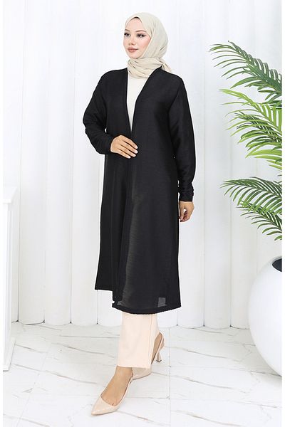 sefamerve Simple Long Seasonal Black Cardigan 8756-01 Black
