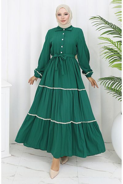 sefamerve Half Button Belted Dress 2098-04 Emerald Green