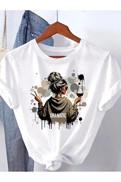 OVER HEAD تي شيرت نسائي أبيض مطبوع كبير الحجم