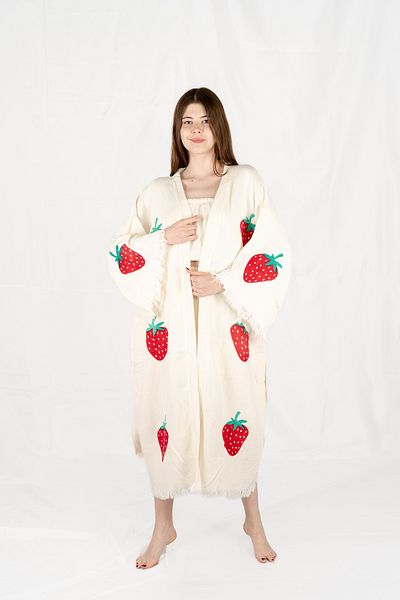 Befera Design Muslin Kimono 100% Cotton Strawberry Printed Patterned Bathrobe Kaftan Dressing Gown