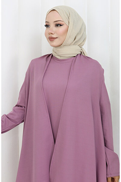 sefamerve Büyük Beden Yelek Elbise İkili Takım 6370-05 Gül Kurusu