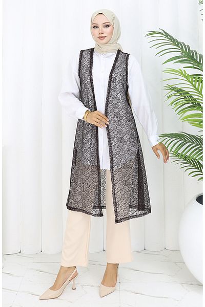 sefamerve Lace Soft Long Vest Mother Vest Plus Size Vest 8760-04 Milky Coffee