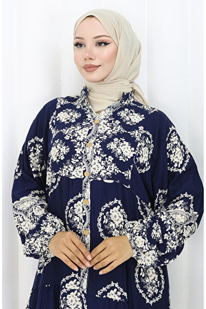 sefamerve Viscose Fabric Half Button Dress 0109-03 Navy Blue