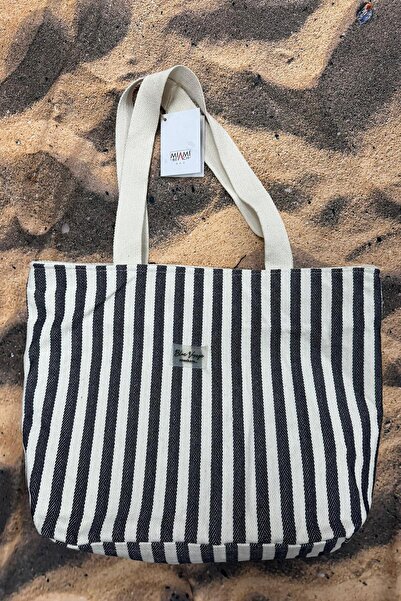 Miami Beach Navy Blue Striped Cotton Fabric Large Size Lined Women's Sports Beach Bag // Pc001