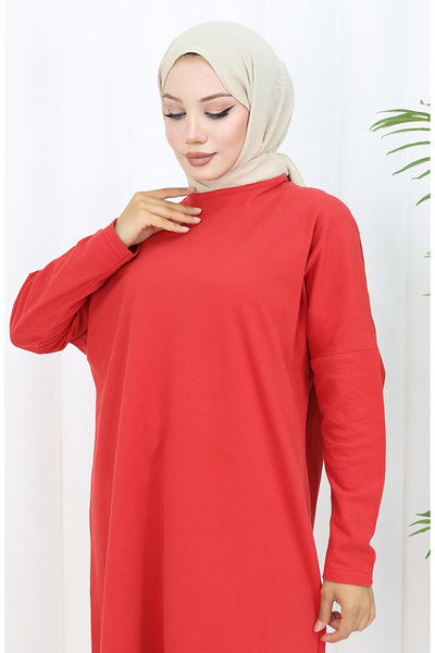sefamerve Relaxed Fit Cotton Plain Tunic 8757-01 Red