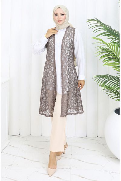 sefamerve Shawl Pattern Lace Long Vest 8759-01 Milky Coffee