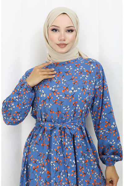 sefamerve Çiçek Desenli Viskon Elbise 0113-01 Mavi