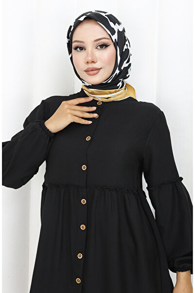 sefamerve Παντελόνι χιτώνα με κουμπιά και σούρες 0115-03 Μαύρο