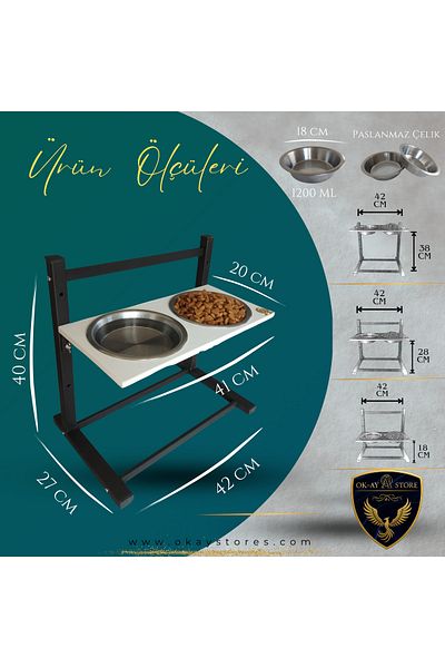 Okay Aybi̇sev Series 3-Level Height Adjustable Food and Water Stand for Cats and Medium-Large Breed Dogs