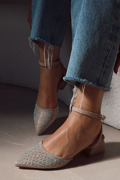 POLKA STORE Allure Pointed Toe Back Open Stiletto Strap Evening Dress Short Block Heels Women's Shoes
