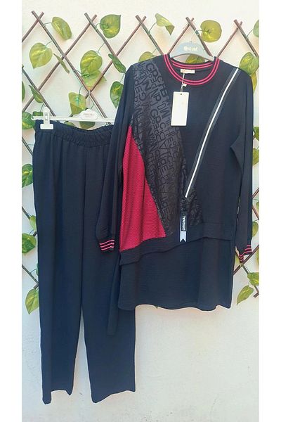 MODA Black Pink Sleeves Ribbed Zipper Mesh Detailed Hijab Suit