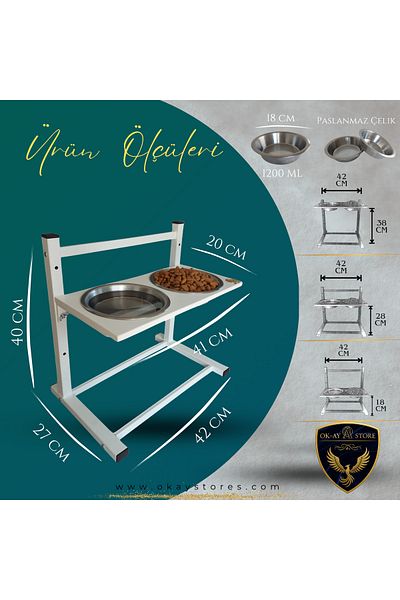Okay Aybi̇sev Series 3-Level Height Adjustable Food and Water Stand for Cats and Medium-Large Breed Dogs