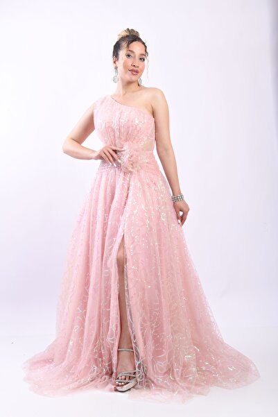 Elysion Collection KADIN ABİYE PAYETLİ PARLAK TÜL TEK KOL ÇİÇEK APLİKLİ ŞIK G...