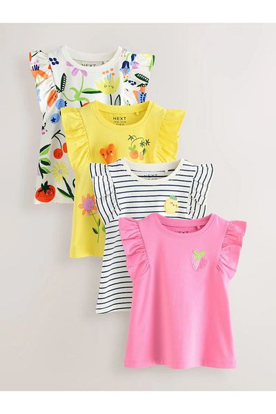 Next Baby Cotton Pink Yellow Floral Print Short Sleeve Shorts 4-Piece Bottom Top Set