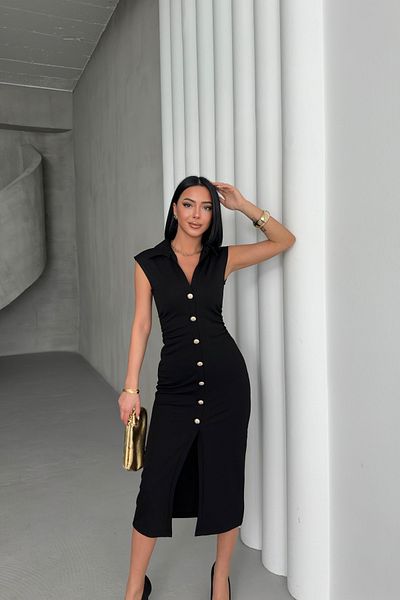 MOZENA Polo Neck Button Detailed Sleeveless Front Slit Long Dress