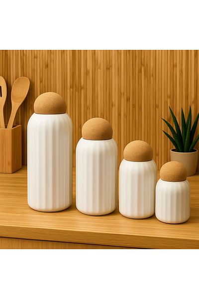 ENYAZA(2024) Set of 4 Striped Porcelain Jars and Spice Jars with Ball Cork Lids