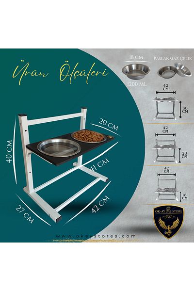 Okay Aybi̇sev Series 3-Level Height Adjustable Food and Water Stand for Cats and Medium-Large Breed Dogs