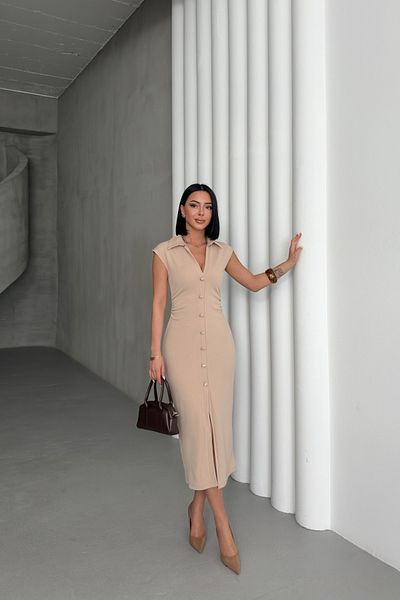 MOZENA Polo Neck Button Detailed Sleeveless Front Slit Long Dress