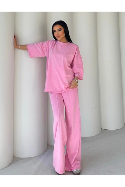 Butik Taş Yazı Detaylı Oversize Pembe İkili Takım