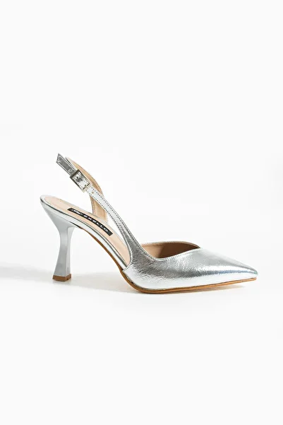 es exello Asgard Back Open Goblet Heeled Silver Shoes