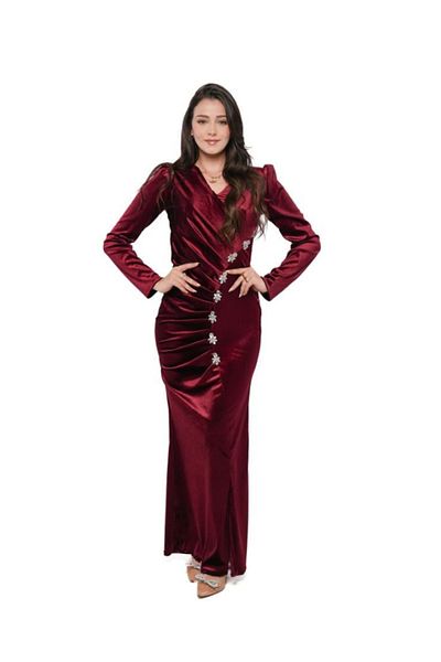 Nice Model Burgundy Velvet Wrap Maxi Dress Crystal Embellished Long Sleeve Evening Gown Formal Party Wear